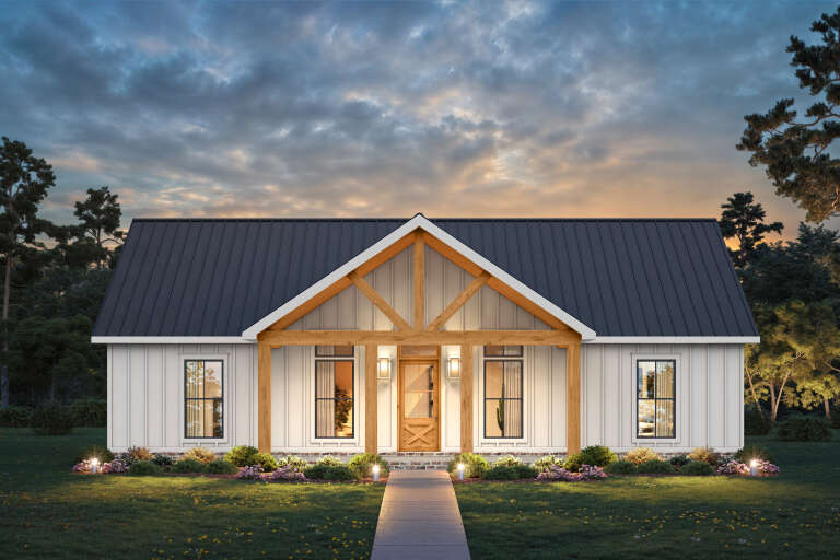 House Plan House Plan #34111 Front Elevation at Dusk