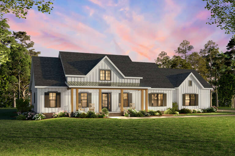 House Plan House Plan #34112 Angled Front Elevation at Dusk