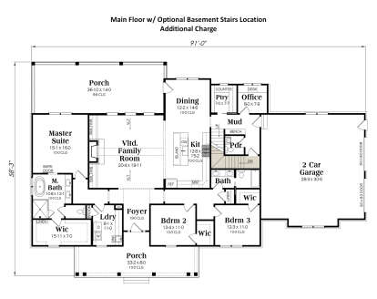 Main level floorplan featuring basement stairs, 3BR, 2.5BA, kitchen with island, and 2-car garage. House Plan # 009-00467 Main Floor w/ Basement Stairs Location Floor Plan Drawing by America's Best House Plans, Inc.