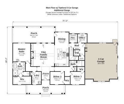 Main level floorplan with optional 3-car garage, 3BR, 2.5BA, vaulted family room, and kitchen with island. House Plan # 009-00467 Main Floor w/ Optional 3 Car Garage Floor Plan Drawing by America's Best House Plans, Inc.