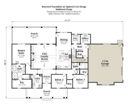 Basement foundation plan with optional 3-car garage layout, 3BR, 2.5BA, and main level footprint. House Plan # 009-00467 Basement Foundation w/ Optional 3 Car Garage Floor Plan Drawing by America's Best House Plans, Inc.