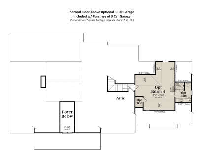 Second floor layout above optional 3-car garage with bedroom, bath, WIC, and attic storage. House Plan # 009-00467 Second Floor Above Optional 3 Car Garage Floor Plan Drawing by America's Best House Plans, Inc.