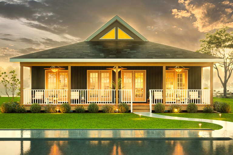 House Plan House Plan #34169 Front Elevation at Dusk