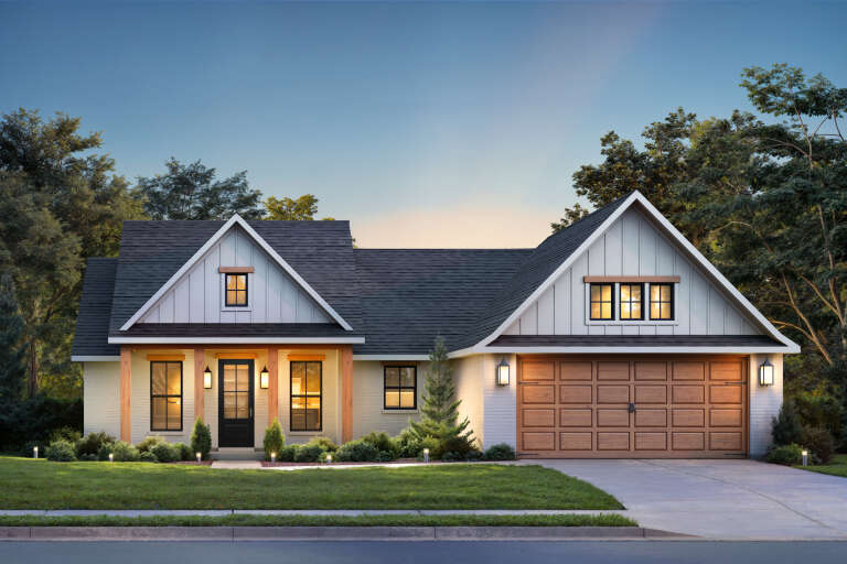 House Plan House Plan #34189 Front Elevation at Dusk