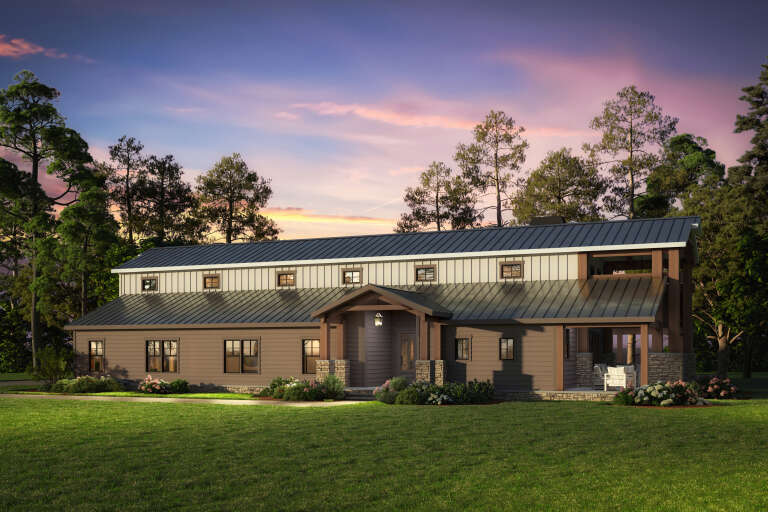 House Plan House Plan #34190 Angled Front Elevation at Dusk