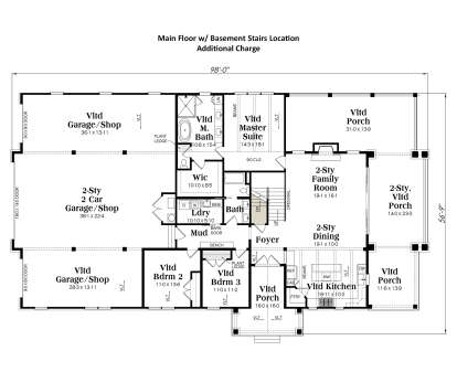 Main floor with basement stairs, 3BR, 2BA, vaulted garage/shop, kitchen, family room, and three porches. House Plan # 009-00468 Main Floor w/ Basement Stairs Location Floor Plan Drawing by America's Best House Plans, Inc.