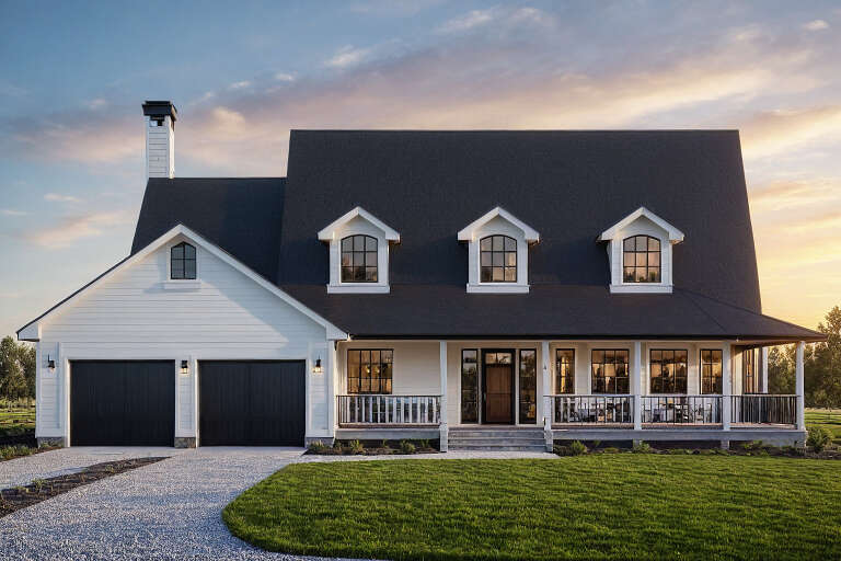 House Plan House Plan #34202 Front Elevation at Dusk