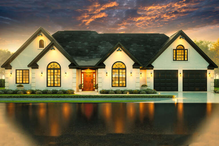 House Plan House Plan #34208 Front Elevation at Dusk