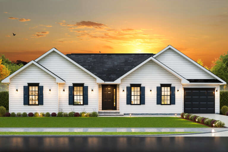 House Plan House Plan #34209 Front Elevation at Dusk