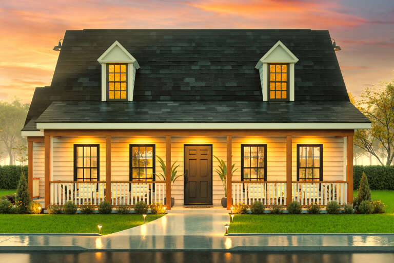 House Plan House Plan #34210 Front Elevation at Dusk