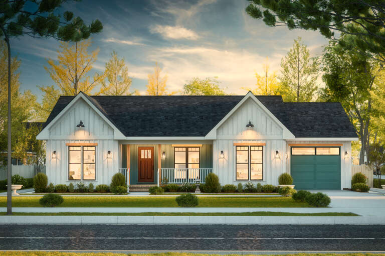 House Plan House Plan #34225 Front Elevation at Dusk
