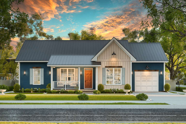 House Plan House Plan #34226 Front Elevation at Dusk
