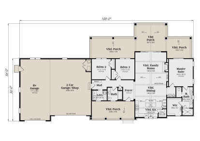 3BR, 2BA main level with RV garage, 2-car shop, mudroom, Ldry, foyer, vaulted family room, kitchen, and 3 vaulted porches. House Plan # 009-00469 Main Floor Floor Plan Drawing by America's Best House Plans, Inc.
