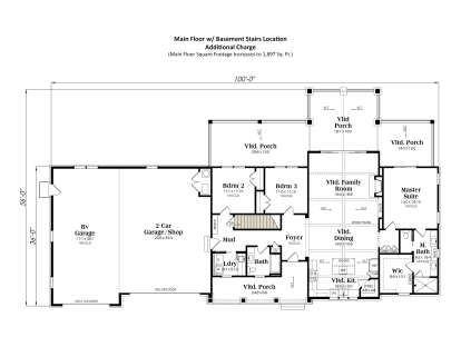 Main level floorplan with basement stairs, 3BR, 2BA, RV garage, 2-car shop, mudroom, Ldry, and 3 vaulted porches. House Plan # 009-00469 Main Floor w/ Basement Stairs Location Floor Plan Drawing by America's Best House Plans, Inc.
