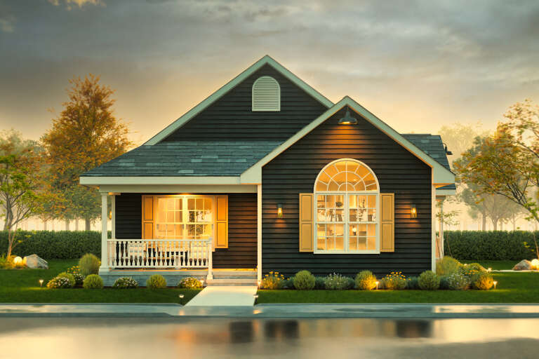 House Plan House Plan #34246 Front Elevation at Dusk