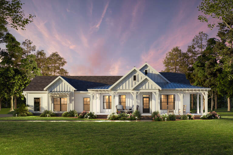 House Plan House Plan #34275 Front Elevation at Dusk
