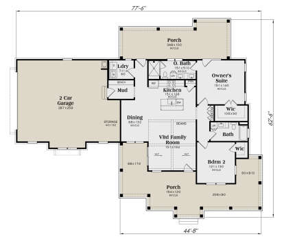 2BR, 2BA main level with kitchen, dining, family room, mudroom, laundry, 2-car garage, storage, and 2 porches. House Plan # 009-00470 Main Floor Floor Plan Drawing by America's Best House Plans, Inc.