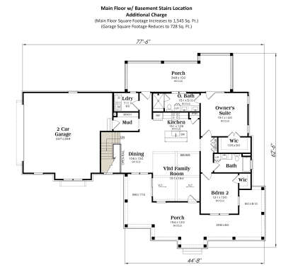 2BR, 2BA main level with kitchen, dining, family room, mudroom, laundry, 2-car garage, basement stairs, and 2 porches. House Plan # 009-00470 Second Floor Floor Plan Drawing by America's Best House Plans, Inc.