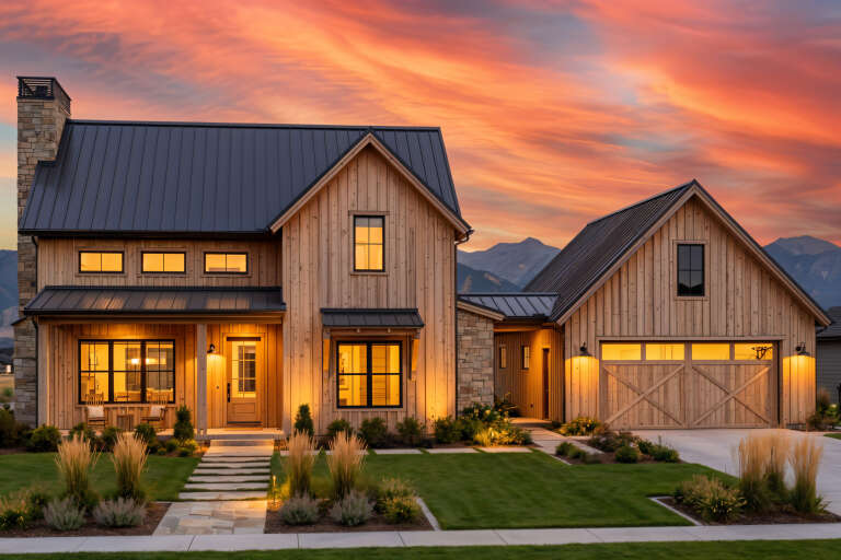 House Plan House Plan #34288 Front Elevation at Dusk