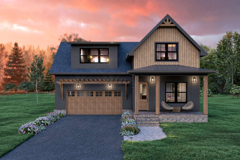 House Plan House Plan #34291 Front Elevation at Dusk