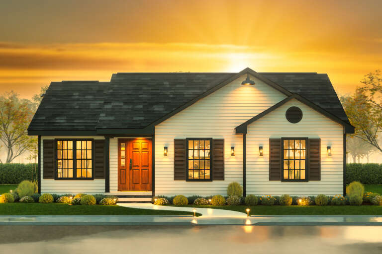 House Plan House Plan #34305 Front Elevation at Dusk