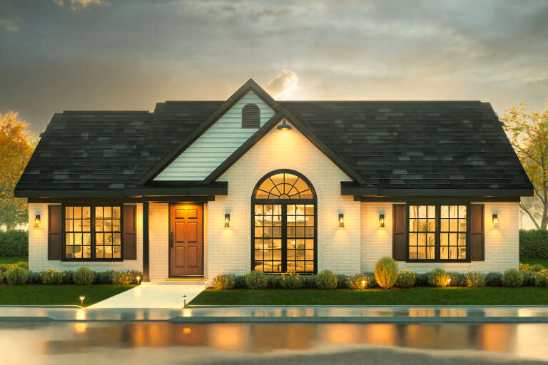 House Plan House Plan #34307 Front Elevation at Dusk