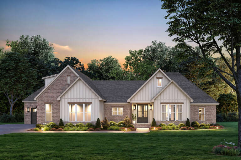 House Plan House Plan #34339 Angled Front Elevation at Dusk