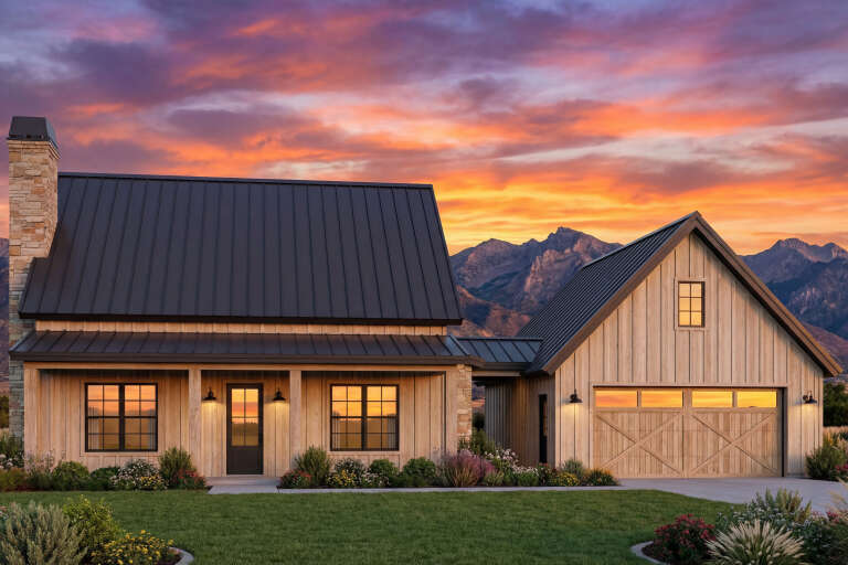 House Plan House Plan #34341 Angled Front Elevation at Dusk