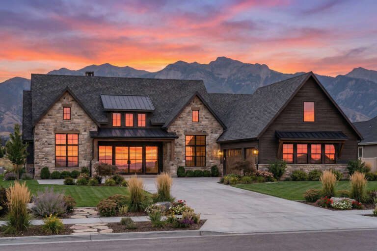 House Plan House Plan #34342 Angled Front Elevation at Dusk