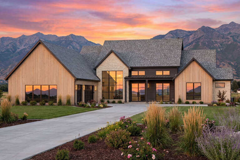 House Plan House Plan #34343 Angled Front Elevation at Dusk