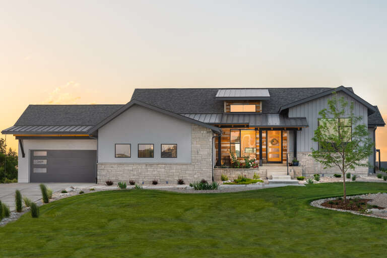 House Plan House Plan #34349 Front Elevation at Dusk