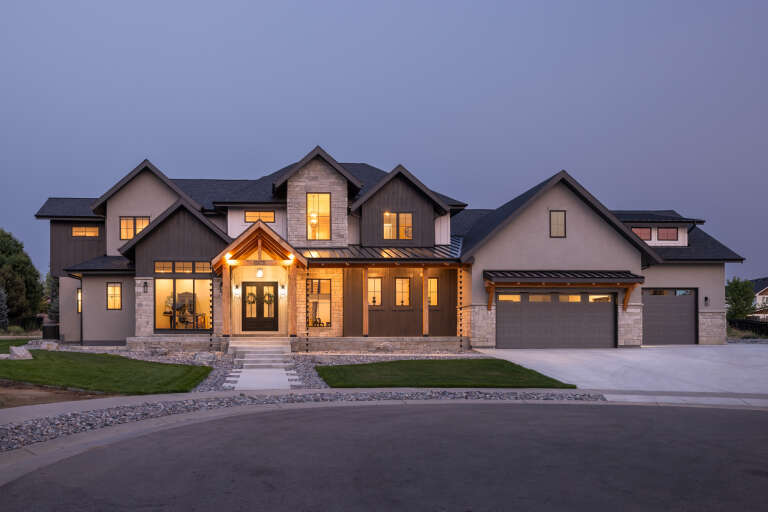 House Plan House Plan #34360 Front Elevation at Dusk