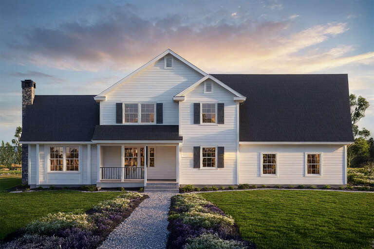 House Plan House Plan #34365 Front Elevation at Dusk