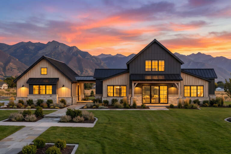House Plan House Plan #34366 Front Elevation at Dusk