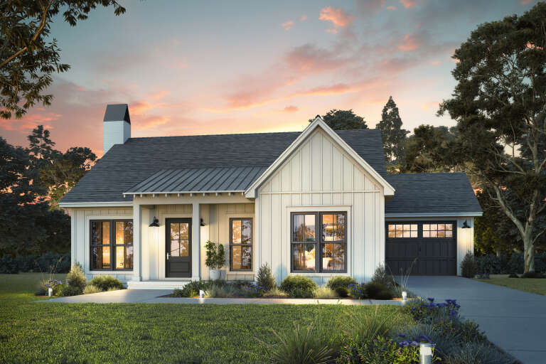 House Plan House Plan #34373 Angled Front Elevation at Dusk