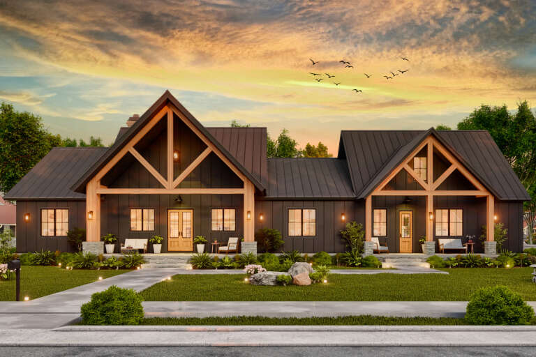 House Plan House Plan #34375 Front Elevation at Dusk