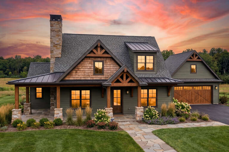 House Plan House Plan #34379 Angled Front Elevation at Dusk