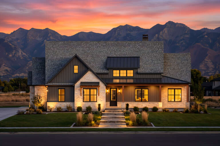 House Plan House Plan #34380 Front Elevation at Dusk