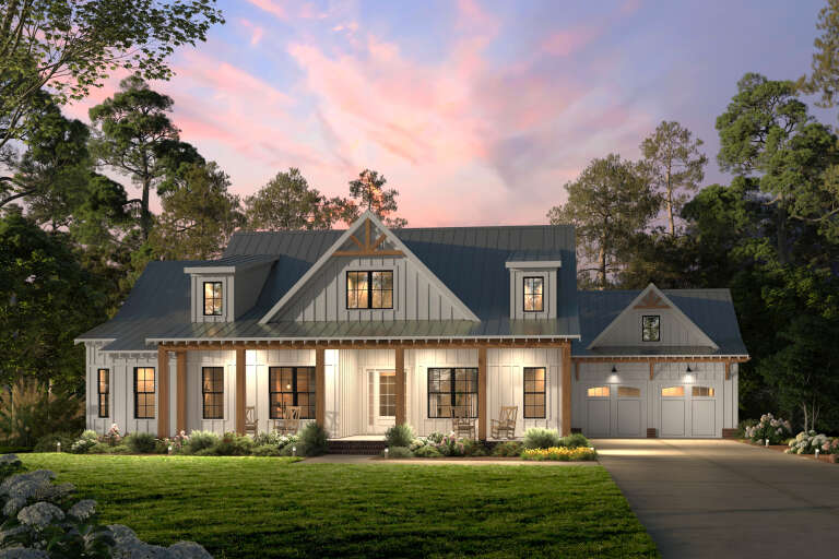 House Plan House Plan #34382 Angled Front Elevation at Dusk