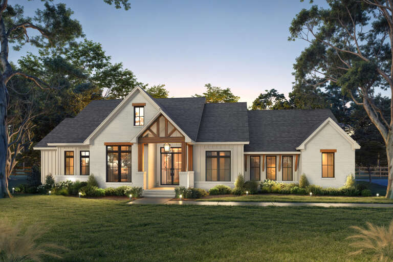 House Plan House Plan #34383 Angled Front Elevation at Dusk