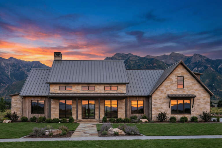 House Plan House Plan #34384 Front Elevation at Dusk