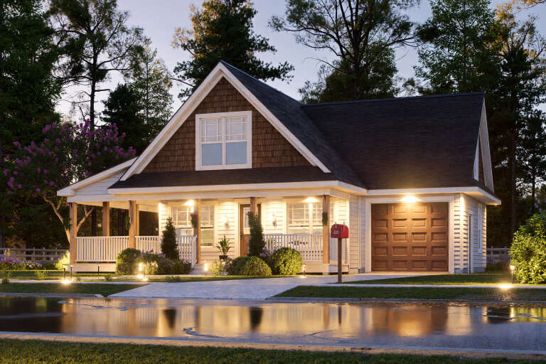 House Plan House Plan #34390 Angled Front Elevation at Dusk