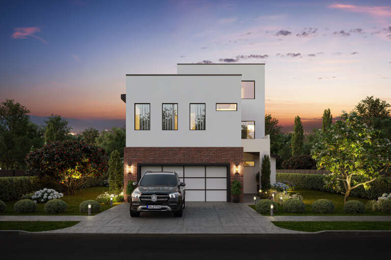 House Plan House Plan #34395 Front Elevation at Dusk