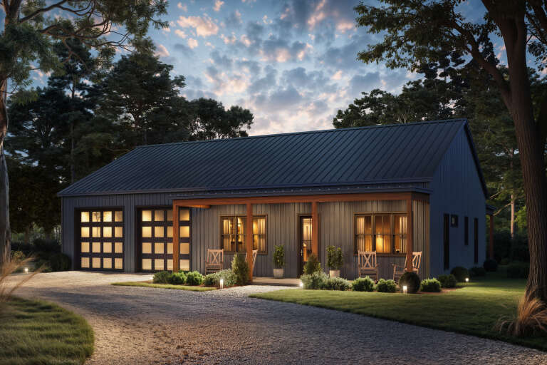 House Plan House Plan #34403 Angled Front Elevation at Dusk
