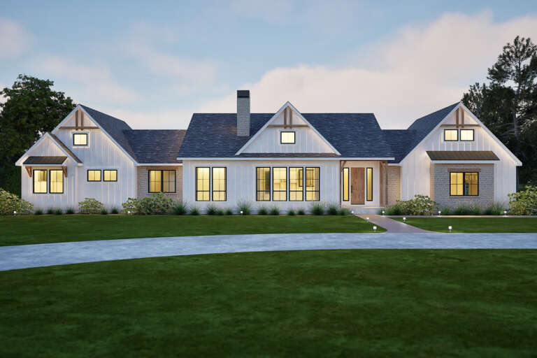 House Plan House Plan #34404 Front Elevation at Dusk