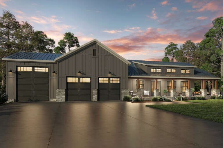 House Plan House Plan #34406 Angled Front Elevation at Dusk