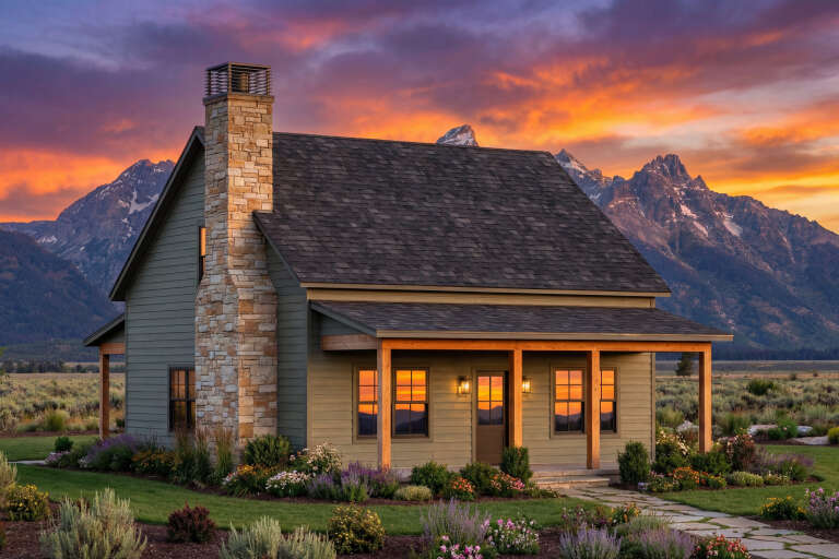 House Plan House Plan #34409 Angled Front Elevation at Dusk
