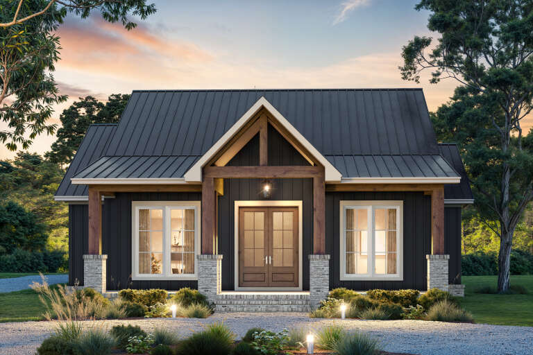House Plan House Plan #34468 Front Elevation at Dusk