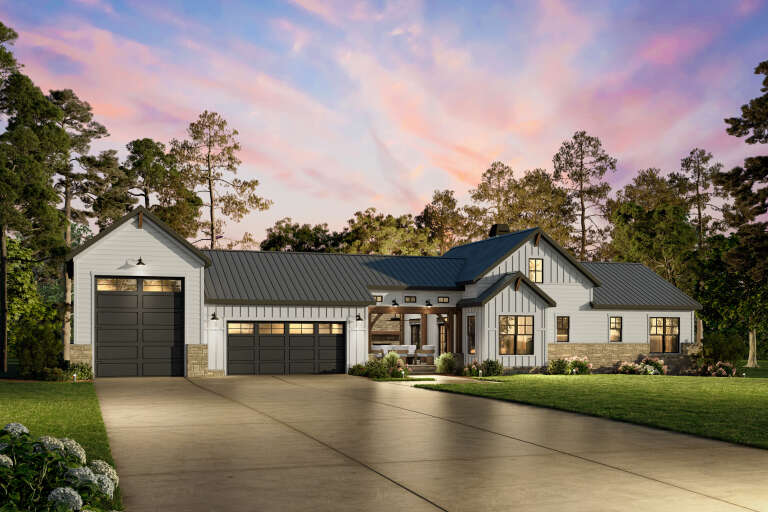 House Plan House Plan #34474 Angled Front Elevation at Dusk