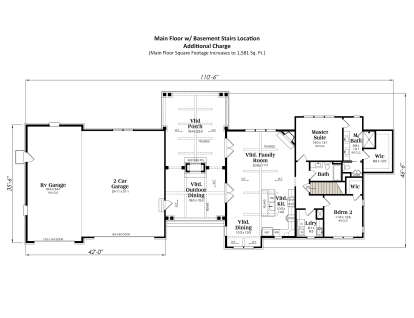 Main floor with basement stairs, 2BR, 2BA, RV garage, 2-car garage, vaulted porch, and see-thru fireplace. House Plan # 009-00474 Main Floor w/ Basement Stairs Location Floor Plan Drawing by America's Best House Plans, Inc.